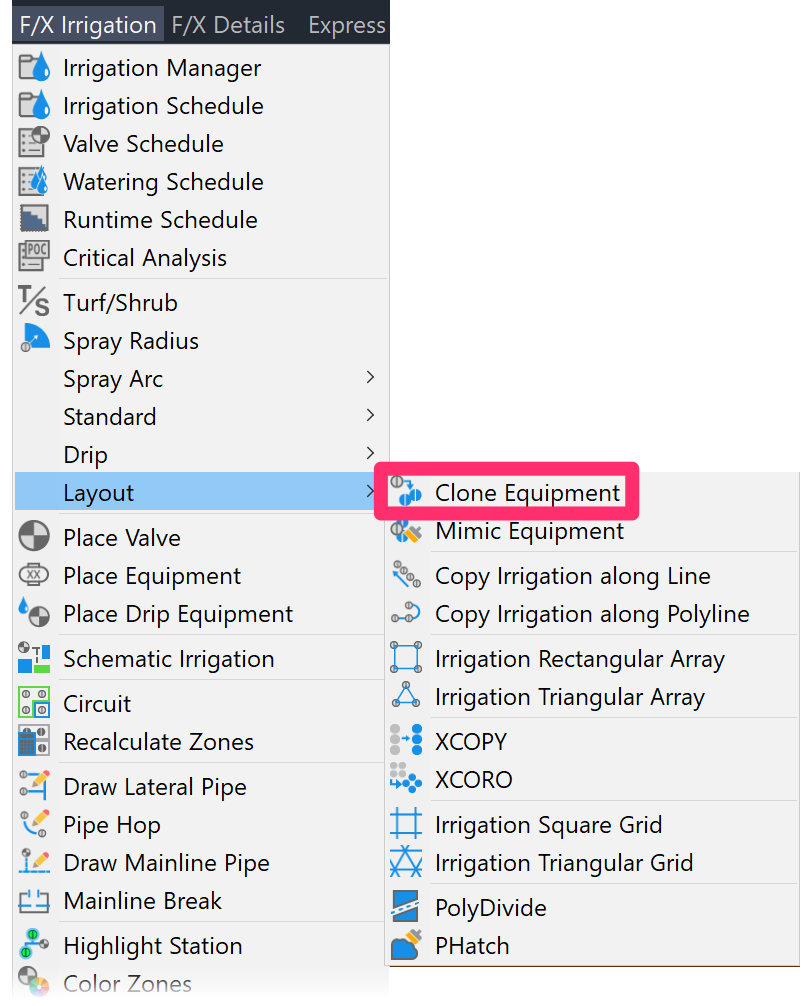 F/X Irrigation menu